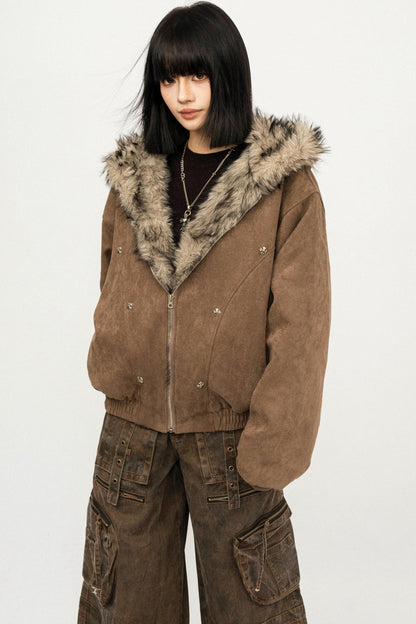 Retro Fur Collar Hooded Jacket