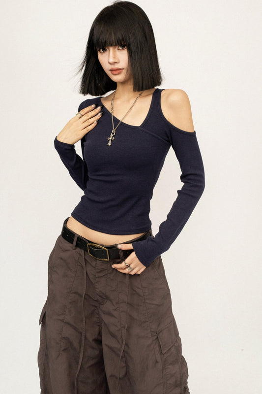 Retro Navy Off-Shoulder Top