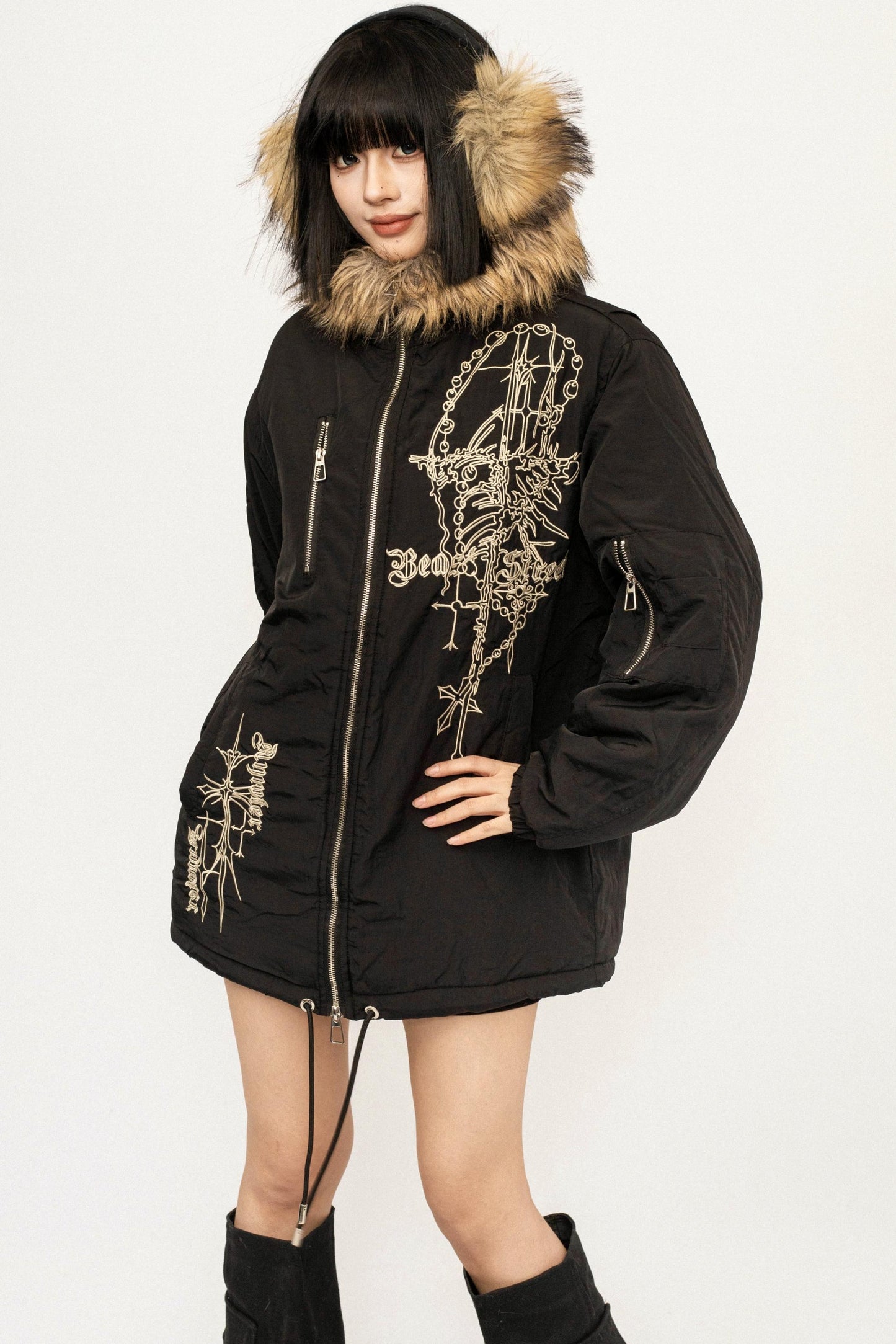 Embroidered Fur Collar Jacket