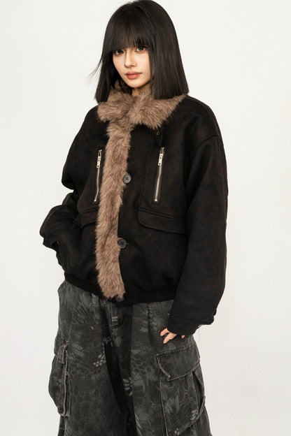 Retro Fur Collar Patchwork Jacket
