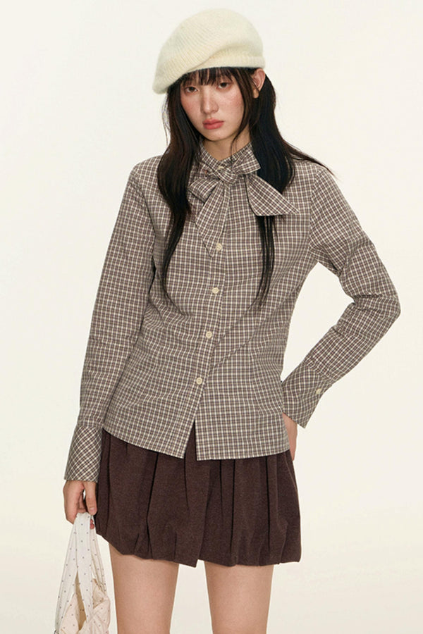 Original Plaid Embroidered Lace-Up Long Sleeve Shirt