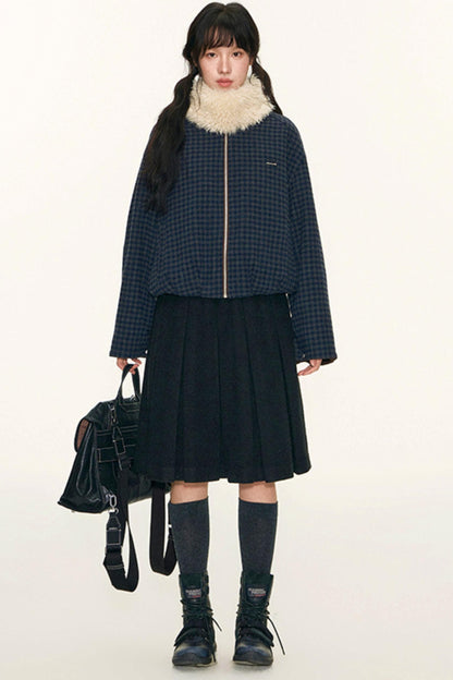 Vintage Suede Plaid Reversible Stand-Up Collar Jacket