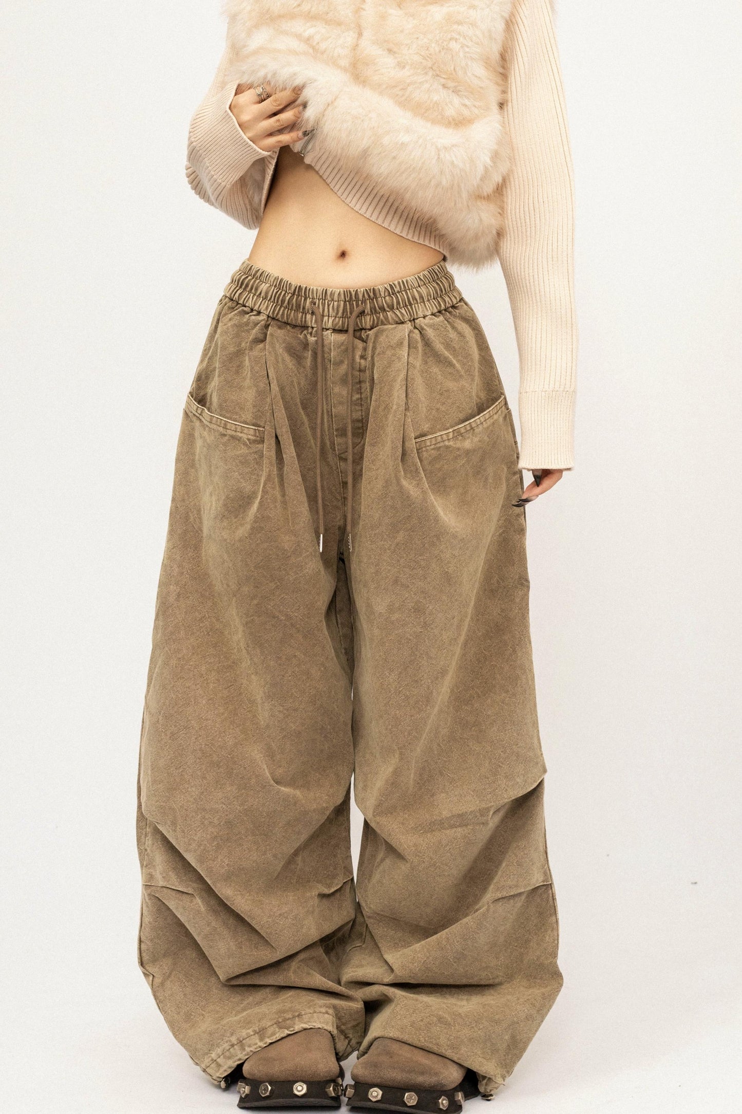 High-Waisted Khaki Wide-Leg Pants