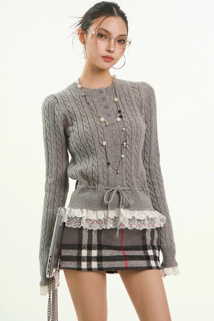 Gray Twist Lace-Edged Cardigan