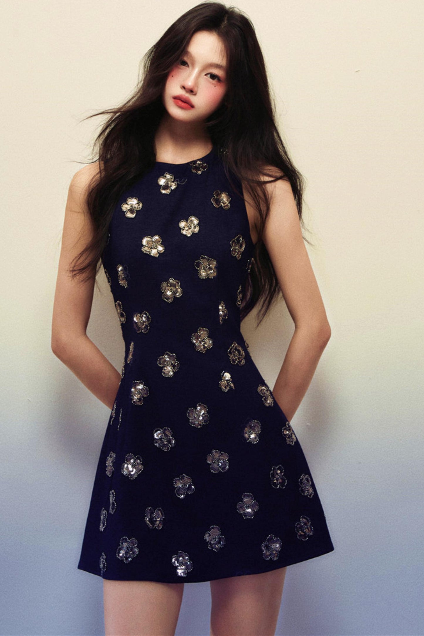 Slim Waist Navy Blue Sequin Sleeveless Dress