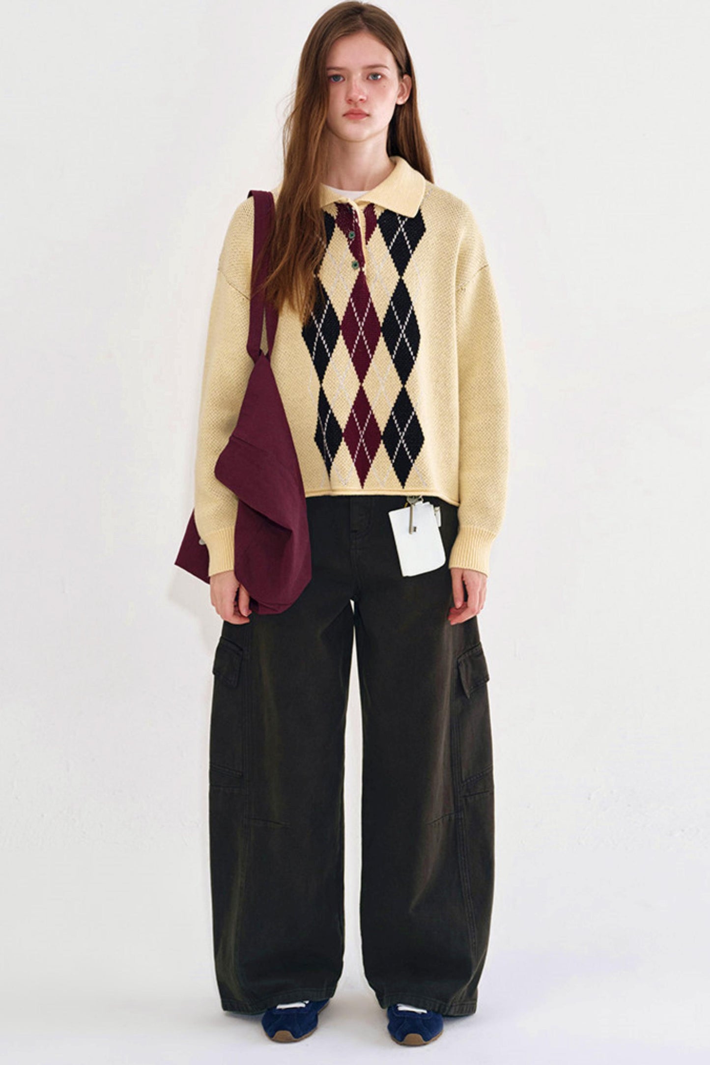 Cream Yellow Argyle Knit Sweater