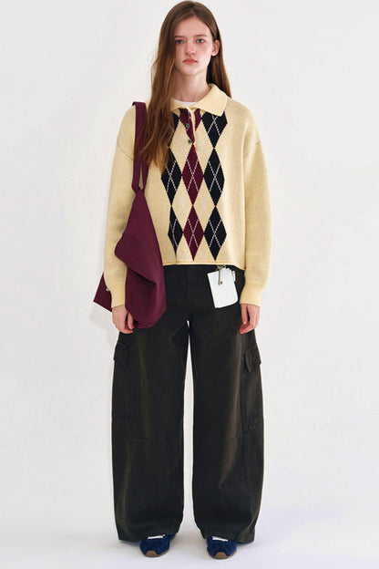 Cream Yellow Argyle Knit Sweater