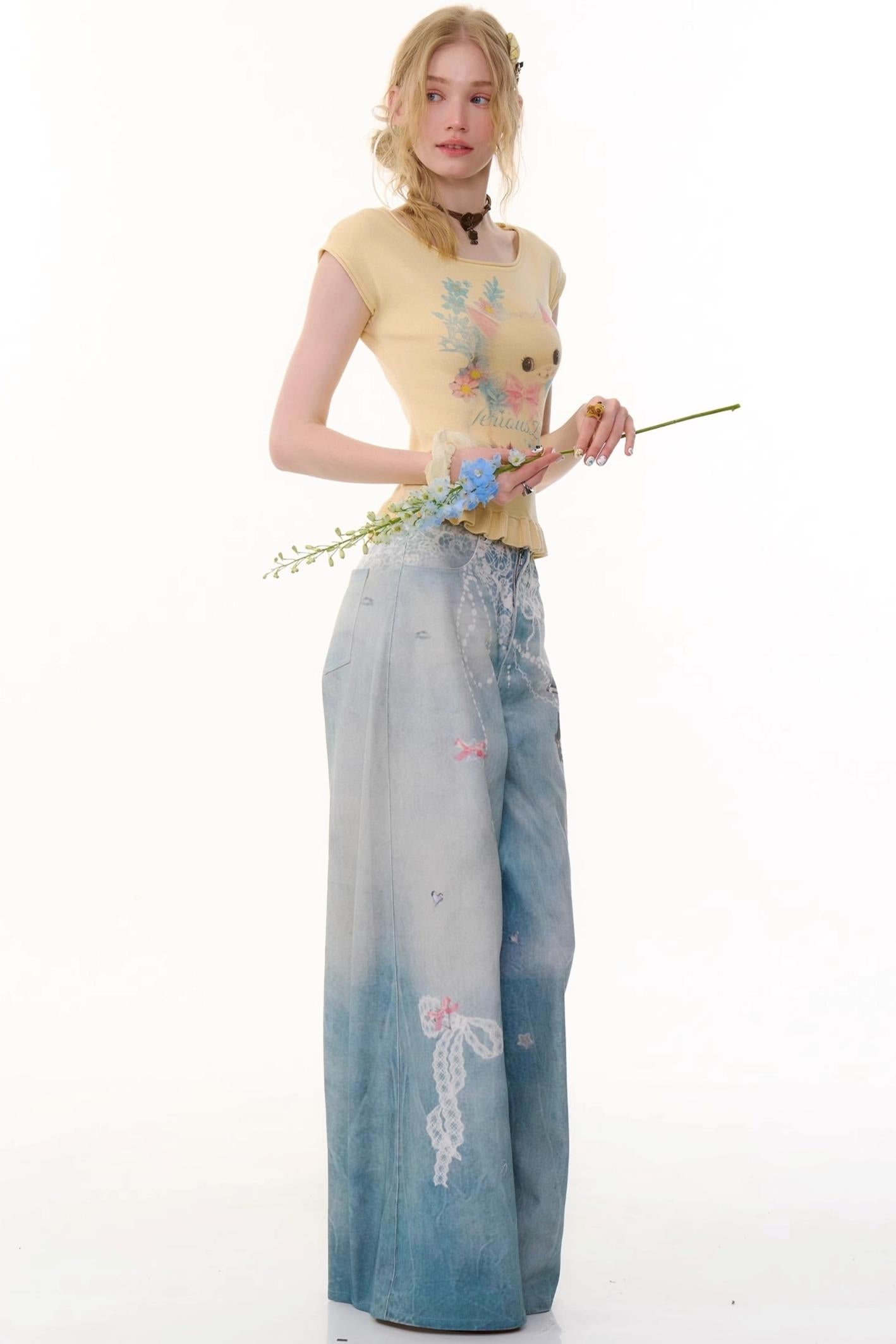 High-Waist Denim Wide-Leg Pants