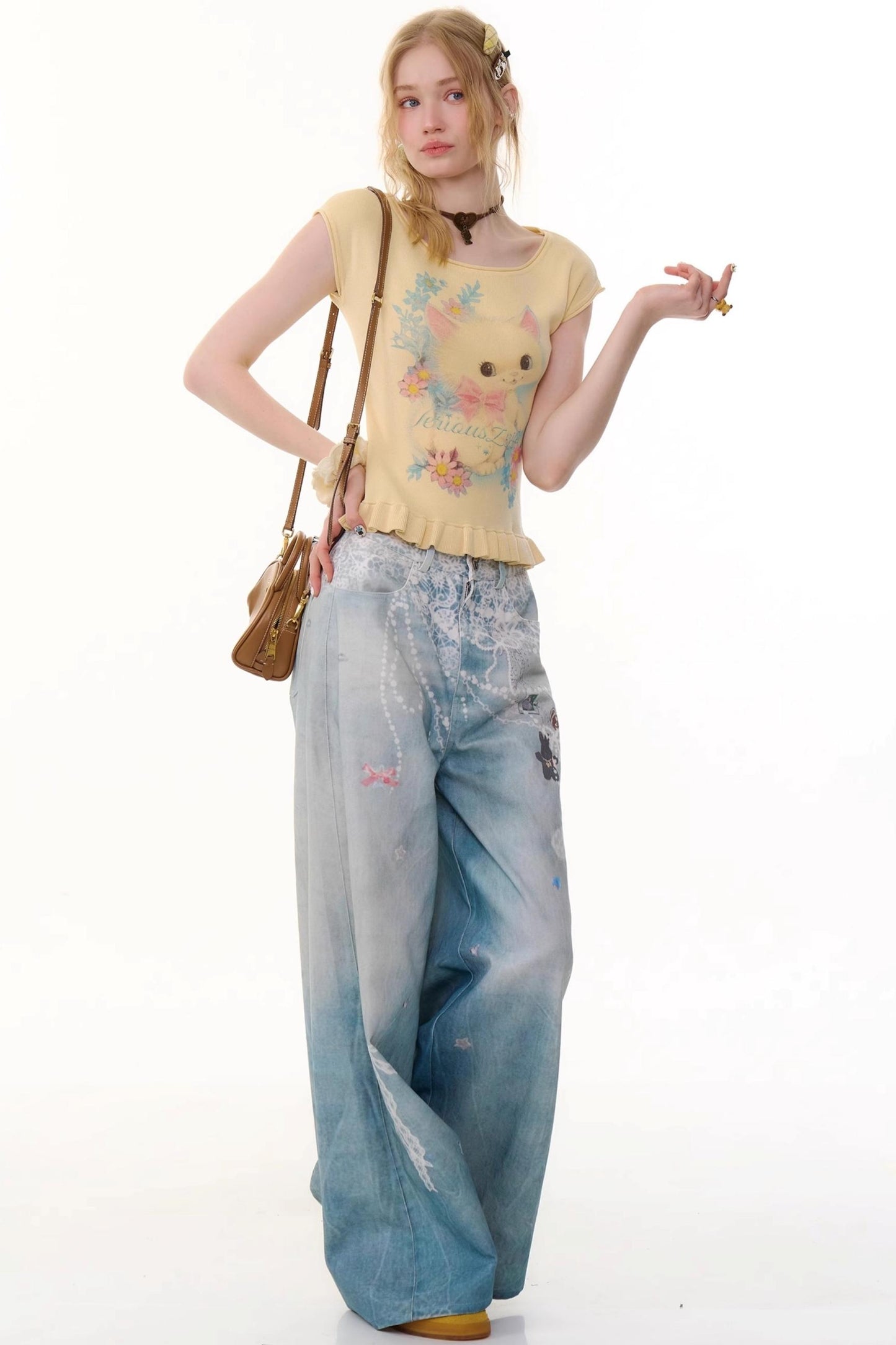 High-Waist Denim Wide-Leg Pants