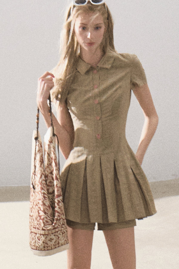 Pleated Textured Shirt Dress