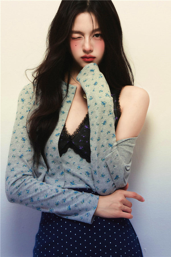 Navy Blue Polka Dot Floral Patchwork V-Neck Sundress Set-Up