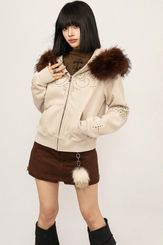 Studded Fur Collar Hooded Jacket