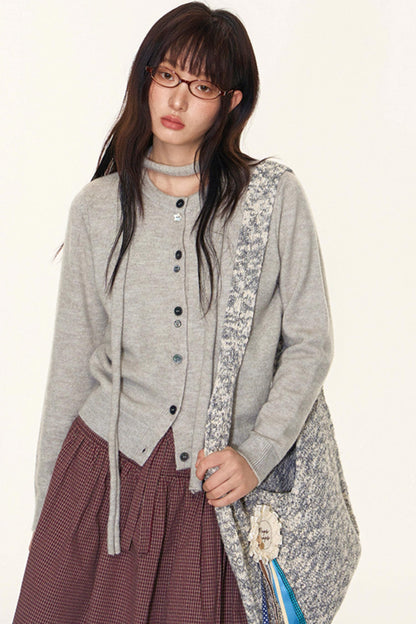 Original Lace-Up Crew Neck Cardigan Set-Up
