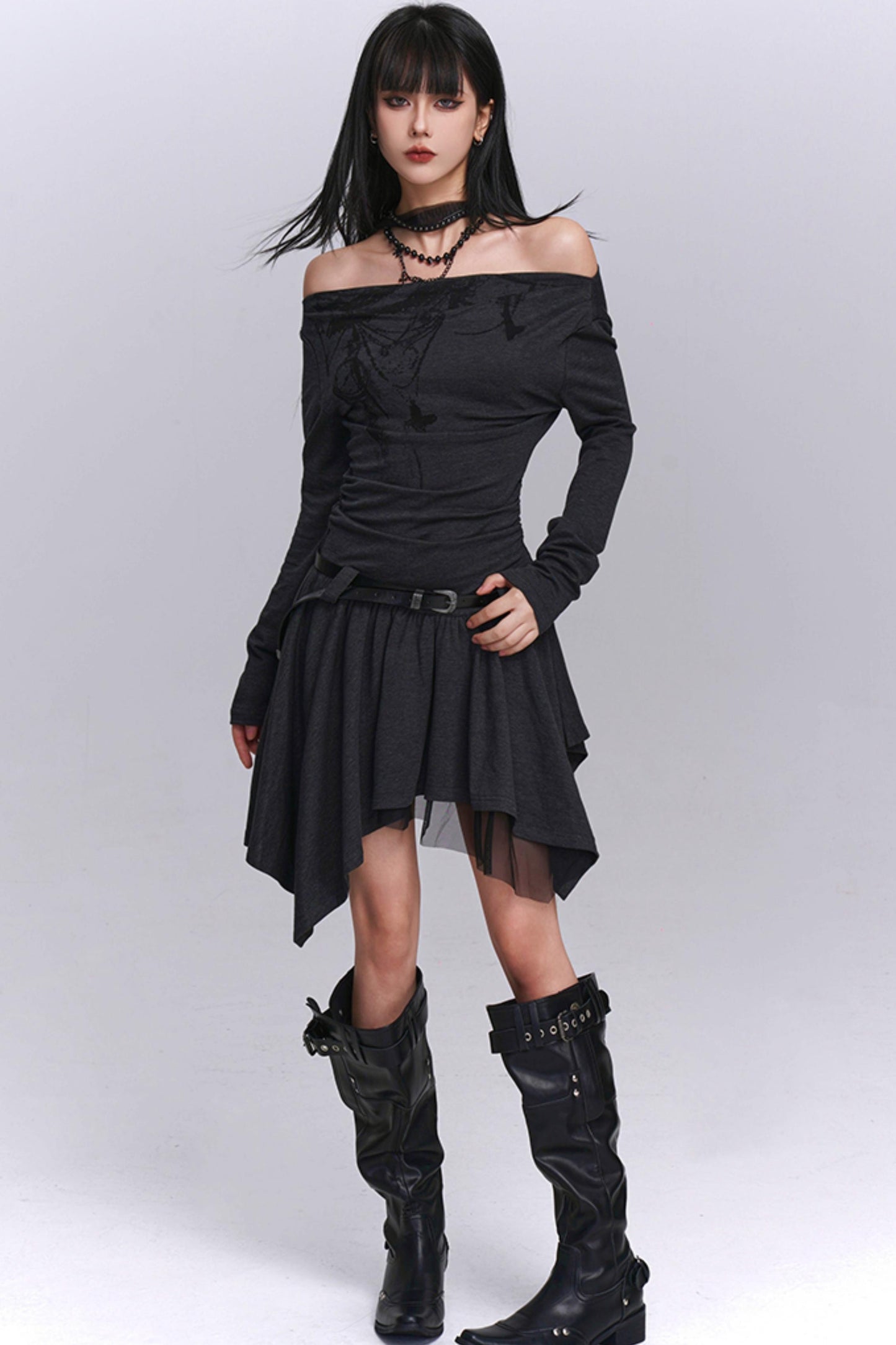 Gray Off-Shoulder Autumn Dress