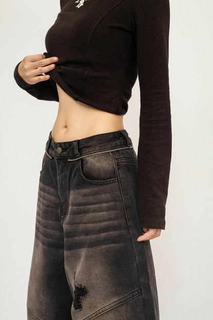 Retro Black Ripped Denim Pants