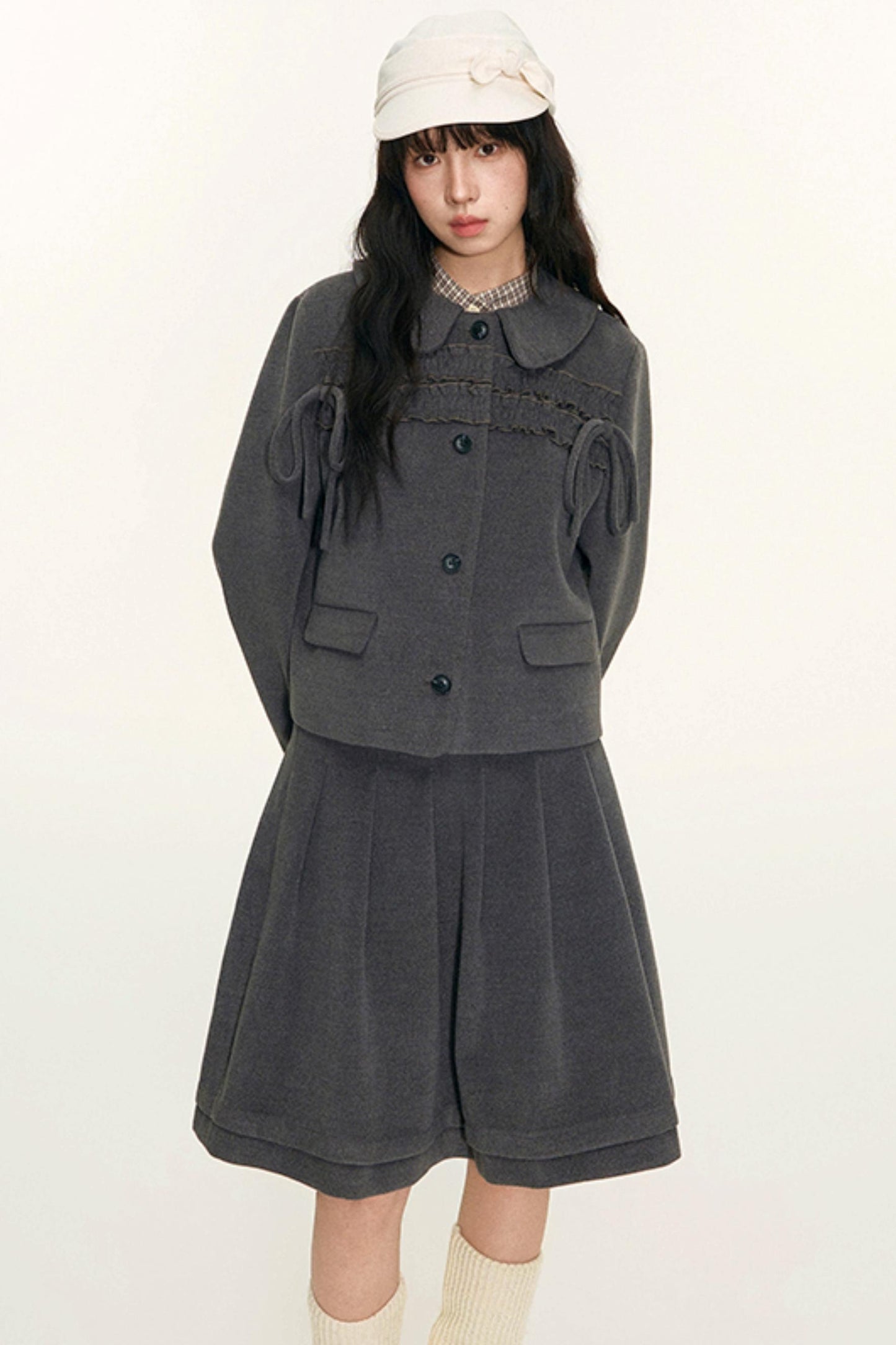 College Ruffle Woolen Suit Skirt Set-Up