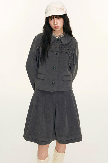College Ruffle Woolen Suit Skirt Set-Up