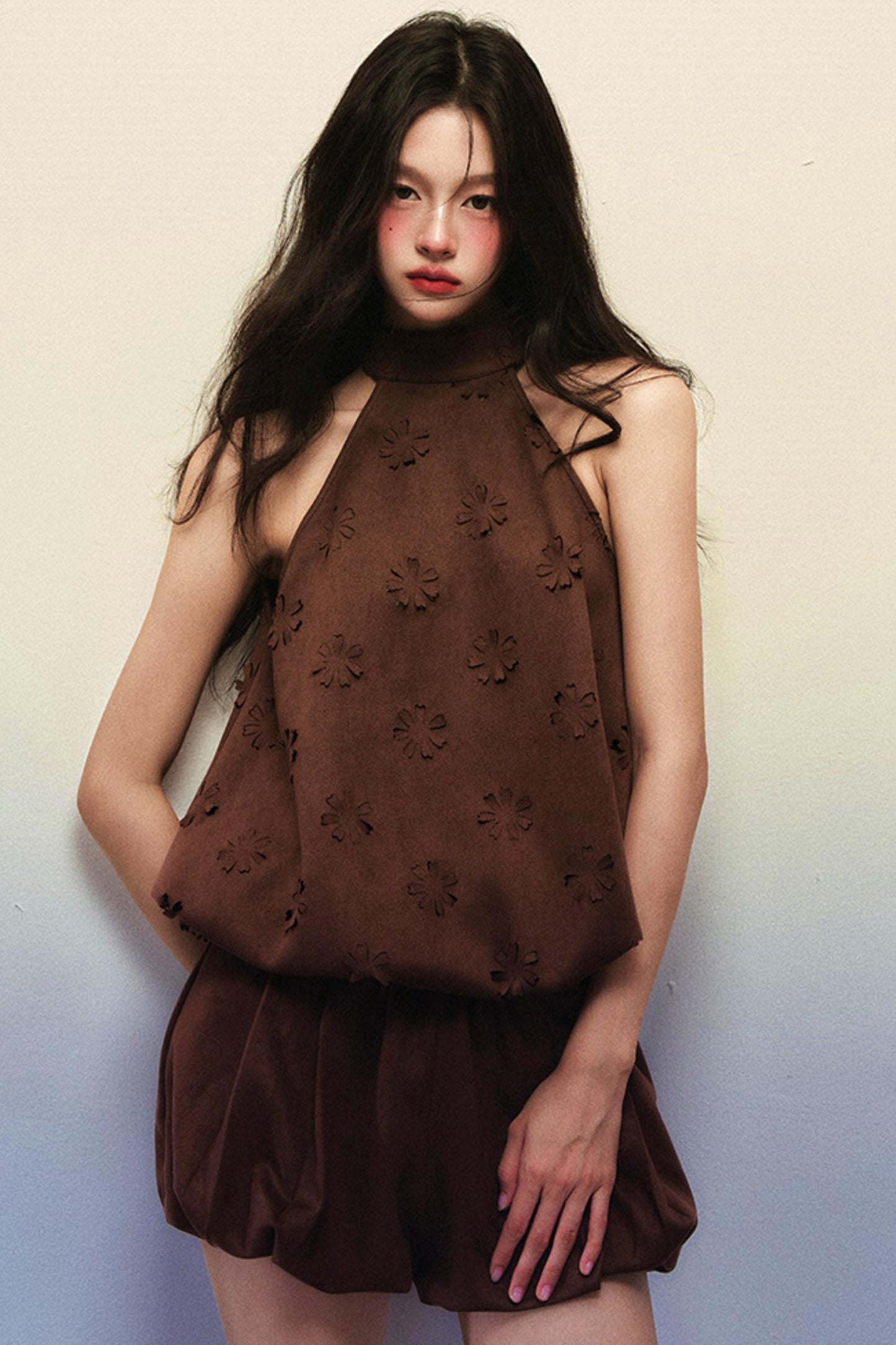 Reddish-brown Suede Flower Top Pumpkin Pants Set-Up