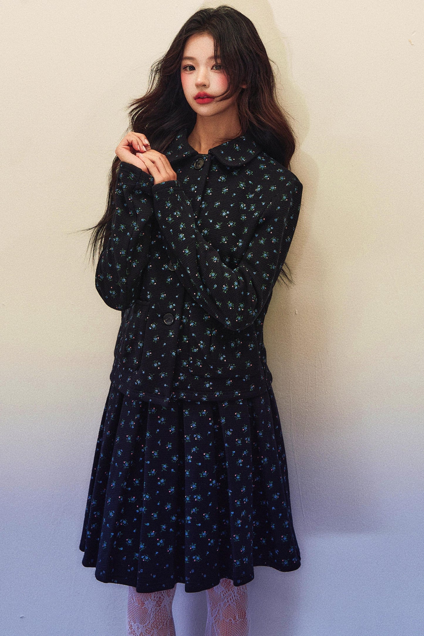 Black Floral Pleated Jacket Skirt Set-Up