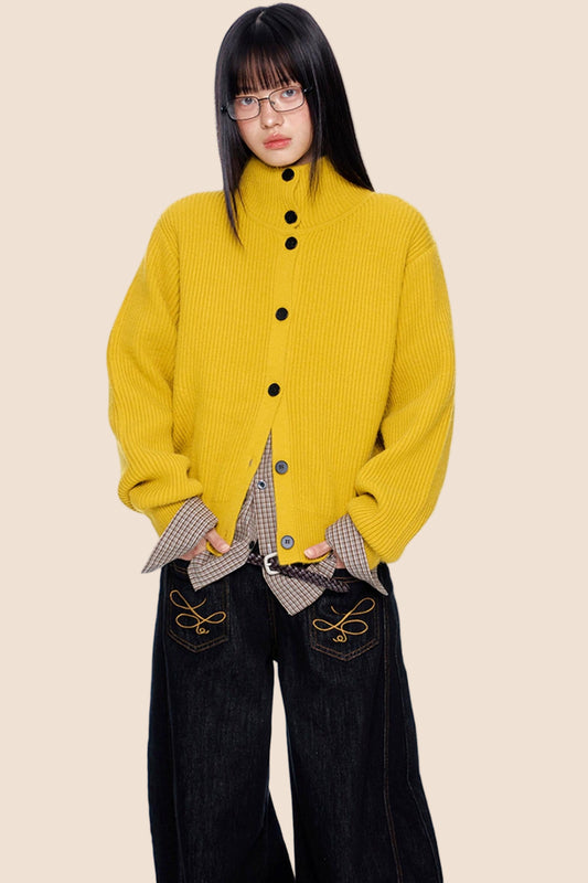 High-Neck Retro Knit Cardigan