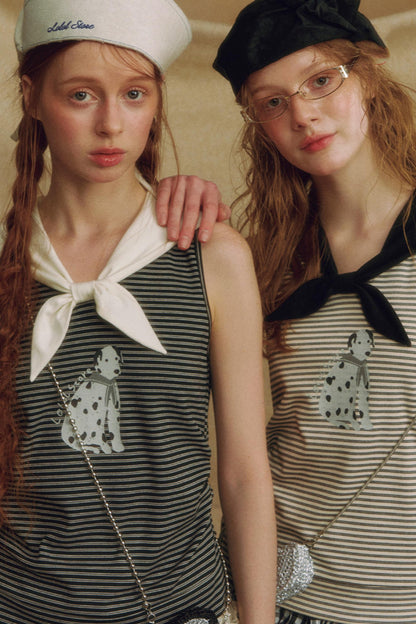 Puppy Print Bow-Striped Navy Tank Top