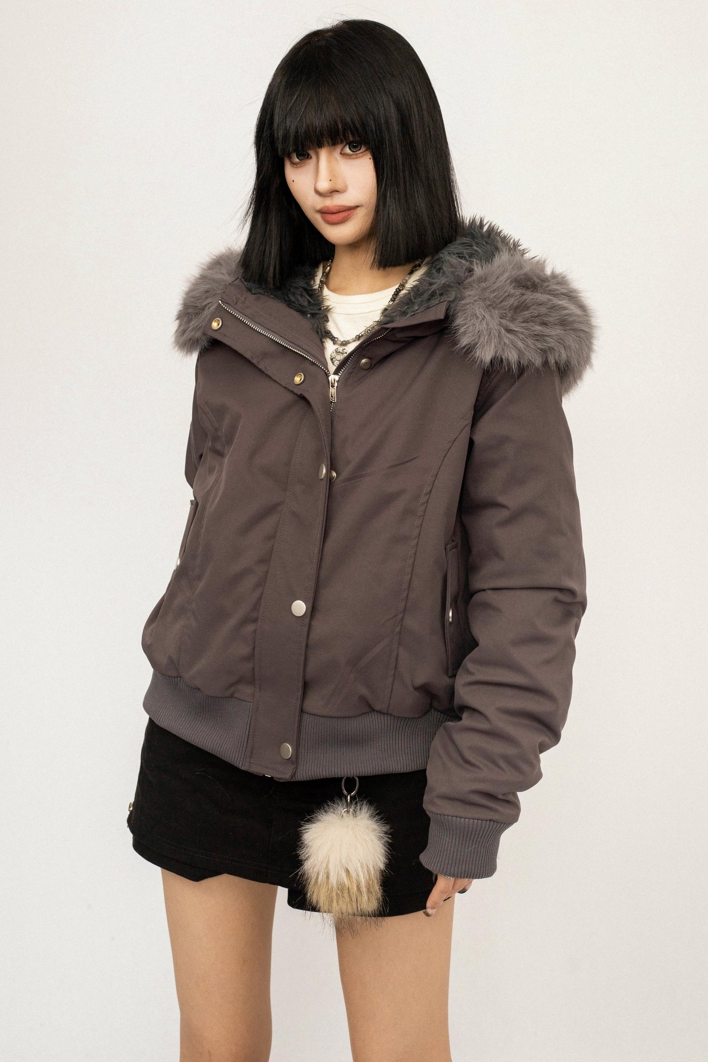 Gray Detachable Fur Collar Parka Coat