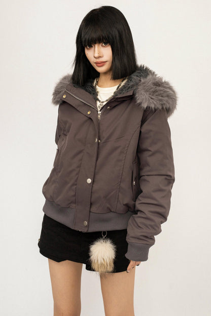 Gray Detachable Fur Collar Parka Coat