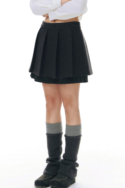 Ruffle Patchwork Woolen Pleated Skirt