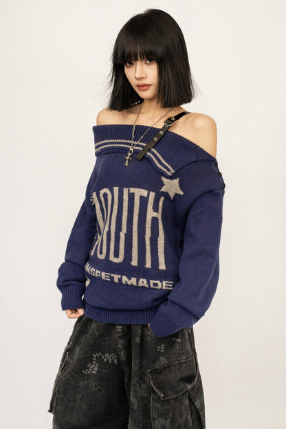 Retro Off-Shoulder Knit Cardigan