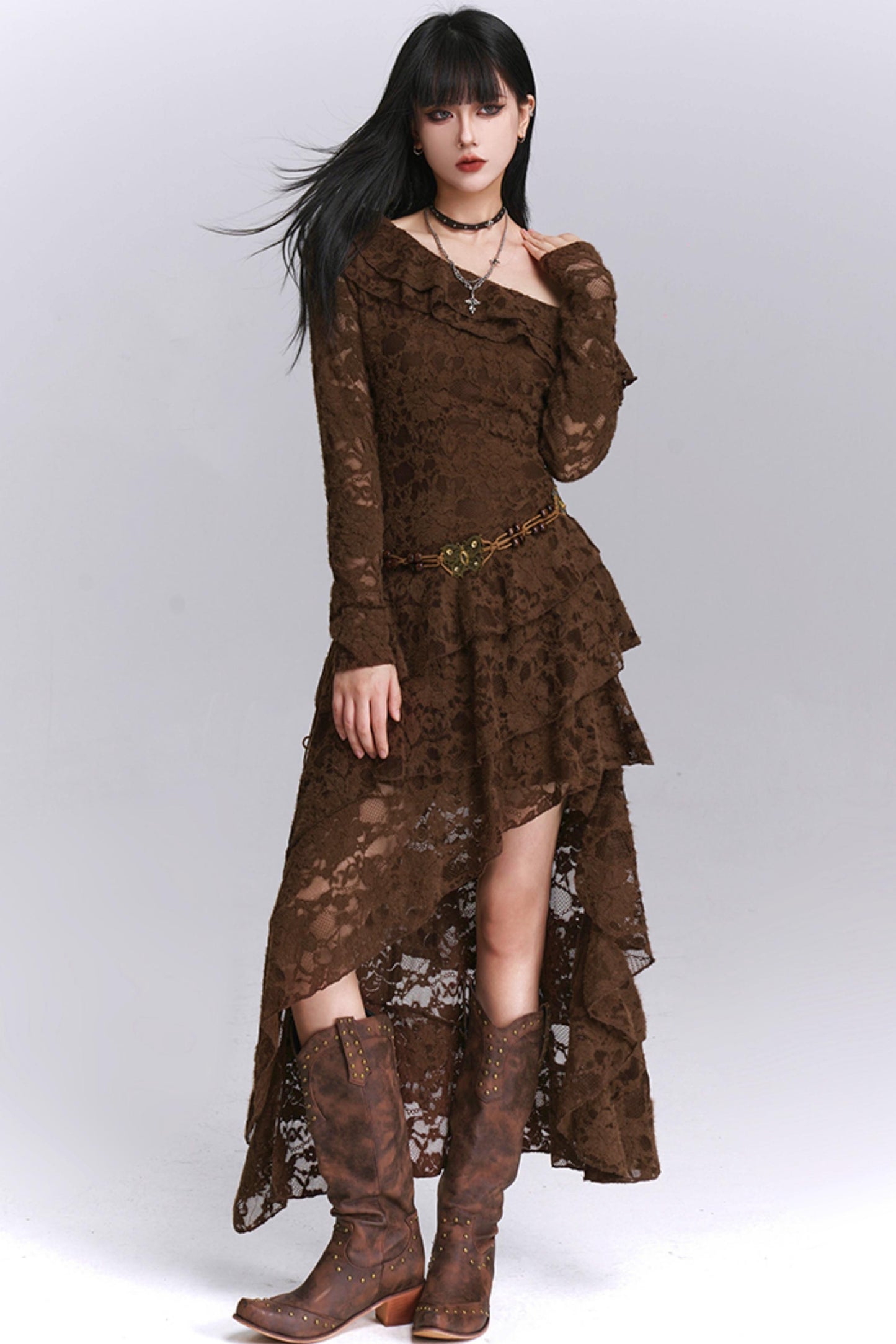 Irregular Brown Lace Off-Shoulder Dress