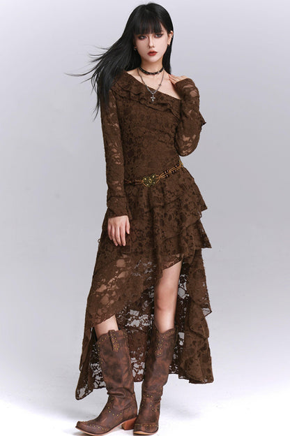 Irregular Brown Lace Off-Shoulder Dress