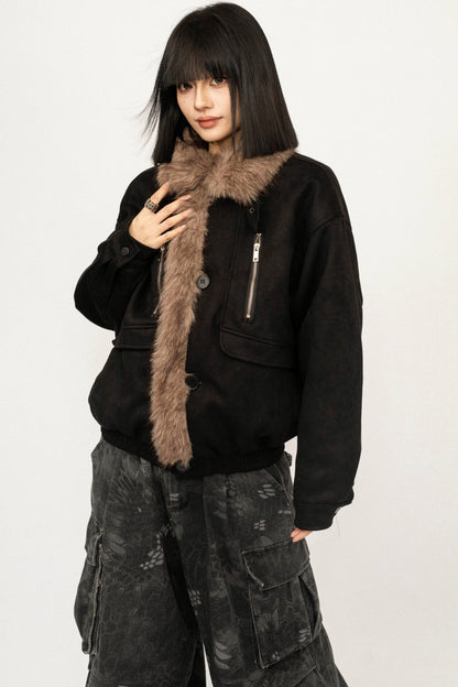 Retro Fur Collar Patchwork Jacket