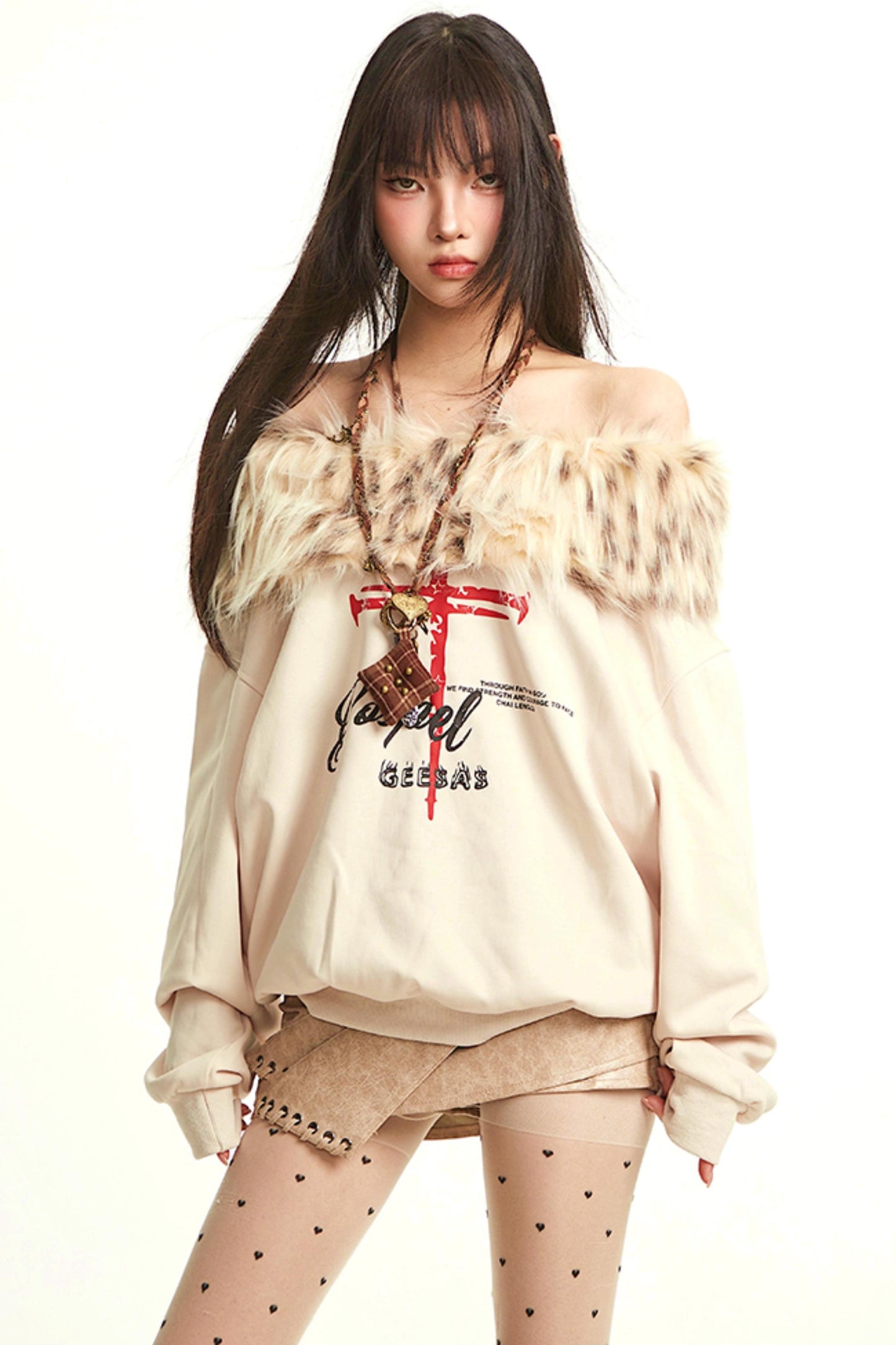 Retro Apricot Fur Collar Sweatshirt