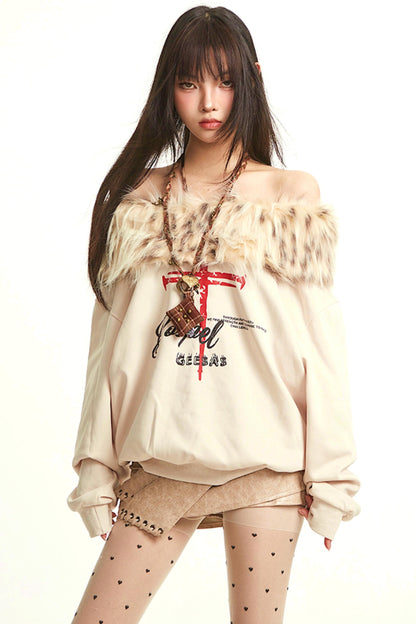 Retro Apricot Fur Collar Sweatshirt