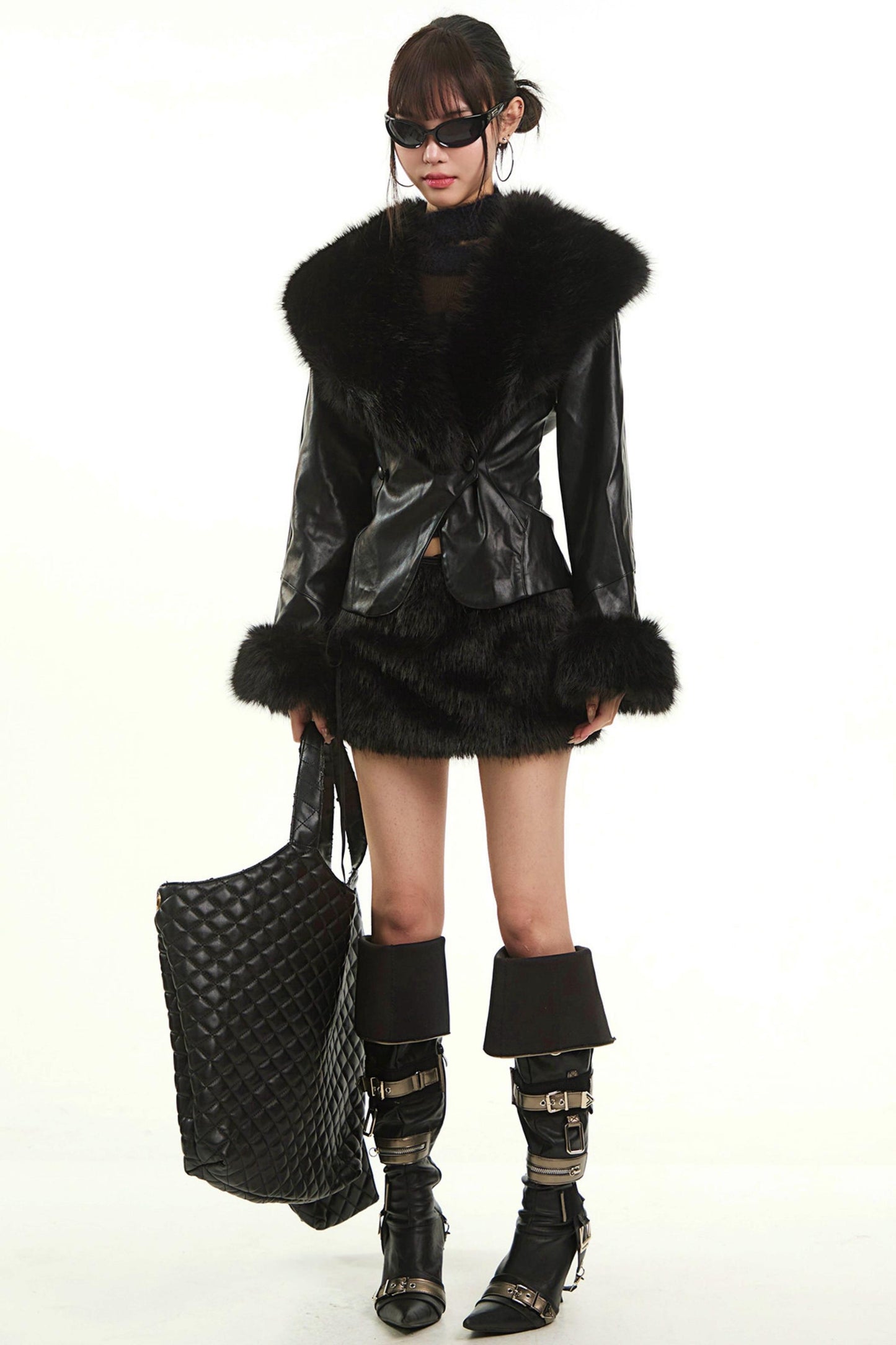 Sexy Black Fur Collar Jacket Set-Up
