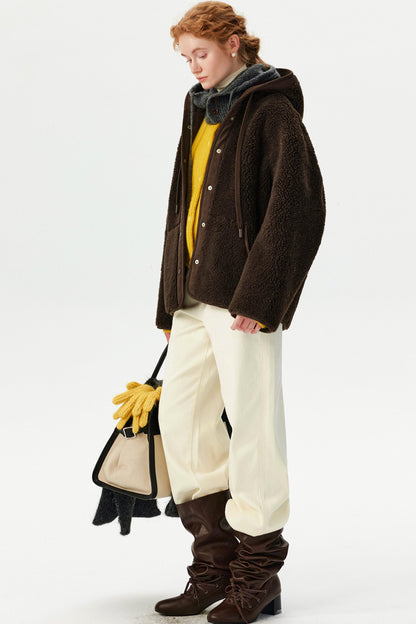 Brown Retro Lamb Wool Hooded Jacket