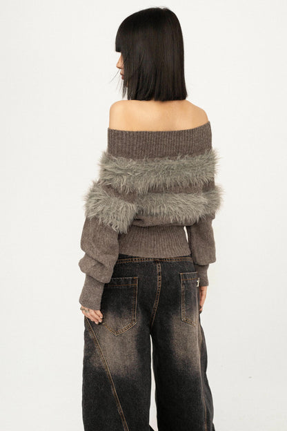 Off-Shoulder Fur Trim Sweater
