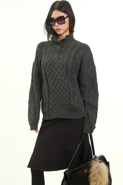 Retro Gray Twist Knitted Sweater