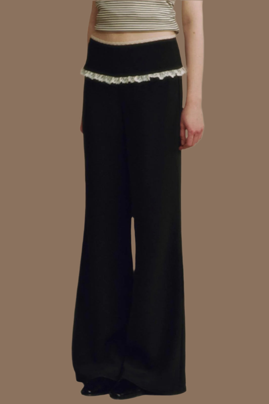 Chic Black Lace-Trimmed Wide Leg Pants