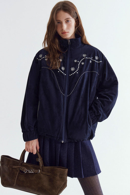 Pearl Daisy Embroidered Suede Jacket