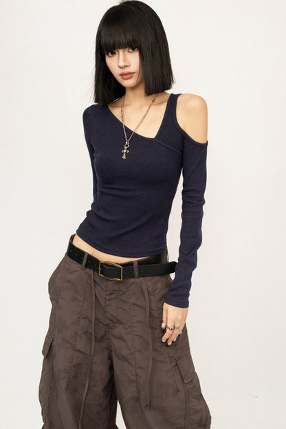 Retro Navy Off-Shoulder Top