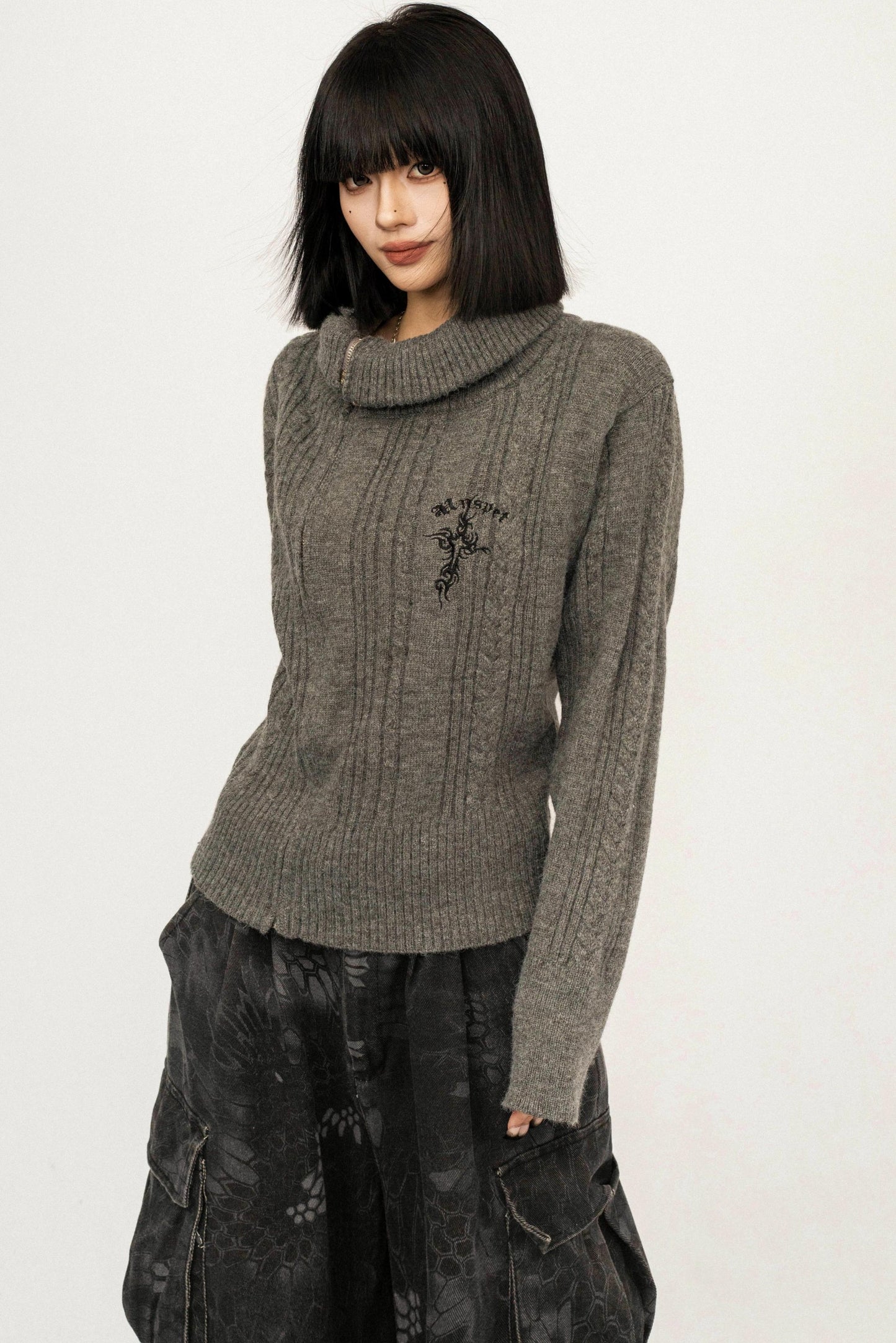 High-Neck Zipper Knit Sweater