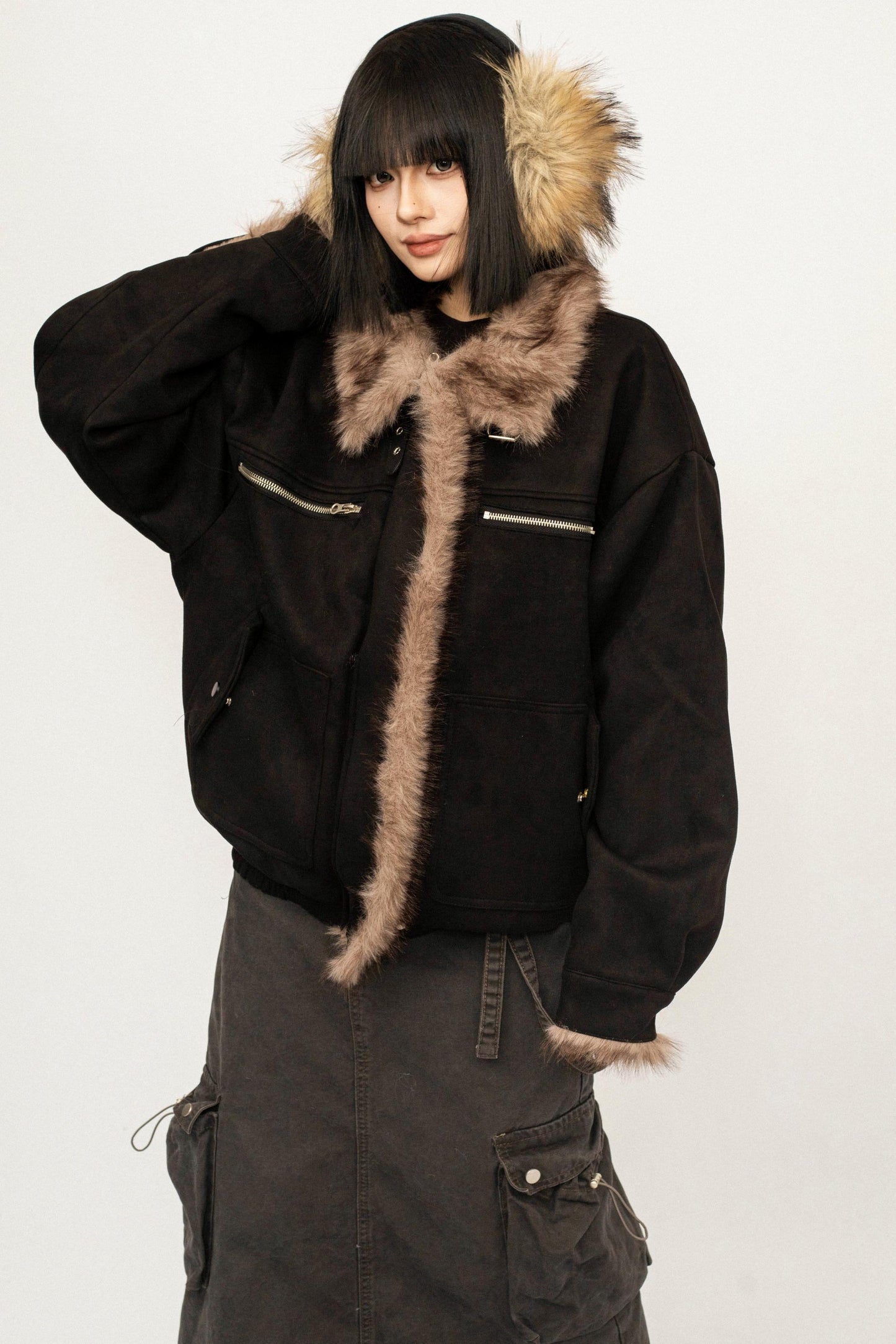 Retro Design Fur Collar Black Cotton Jacket