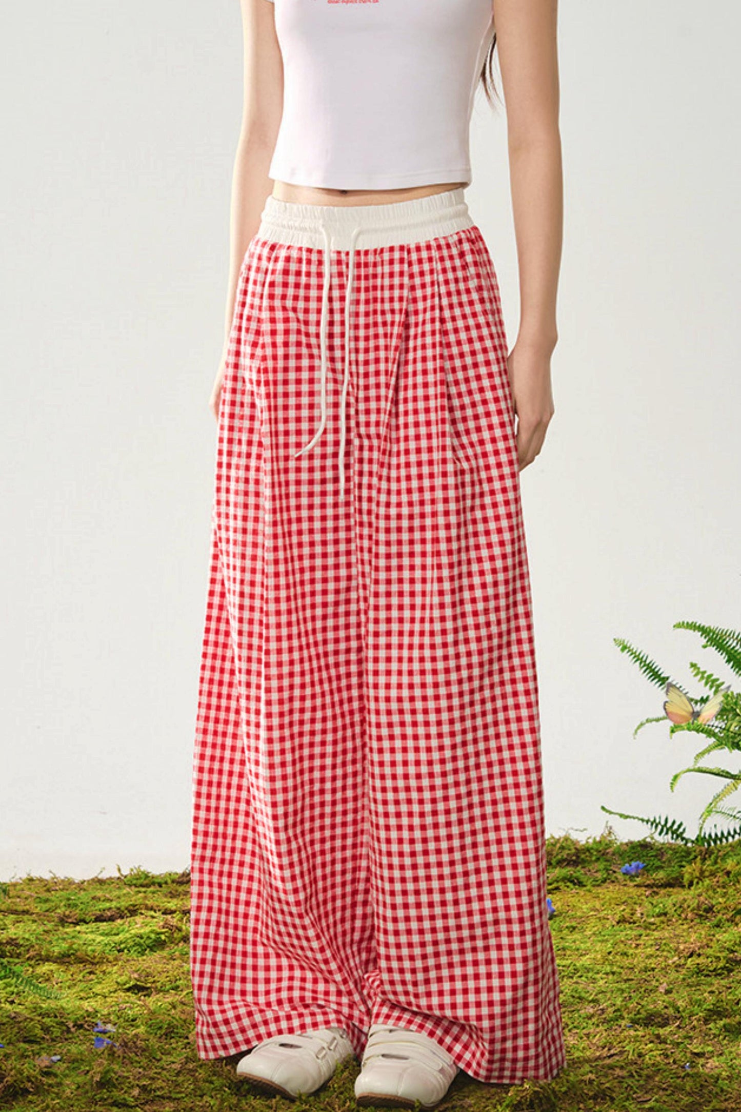 Red Plaid High-Waist Wide-Leg Pants