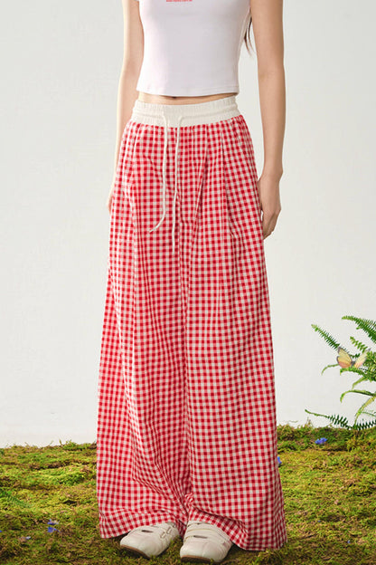 Red Plaid High-Waist Wide-Leg Pants