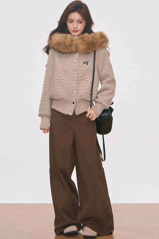 Wool Collar Hooded Jacket Set-Up