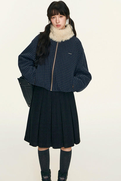 Vintage Suede Plaid Reversible Stand-Up Collar Jacket