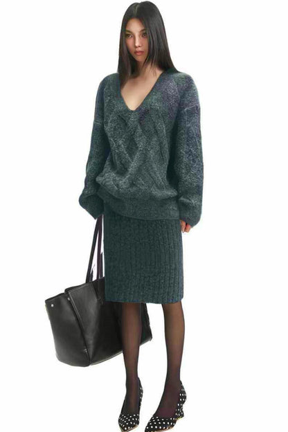 Gray Twist Knit Skirt Suit Set