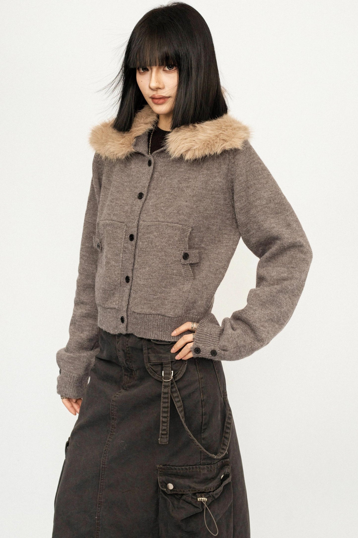 Retro Fur Collar Cardigan Jacket