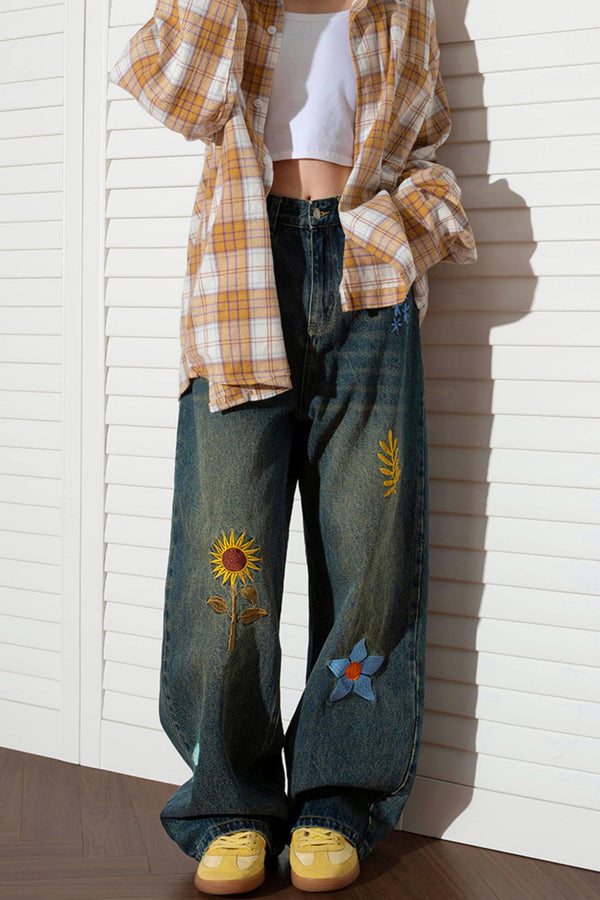 Retro Sunflower Embroidered Wide-Leg Jeans